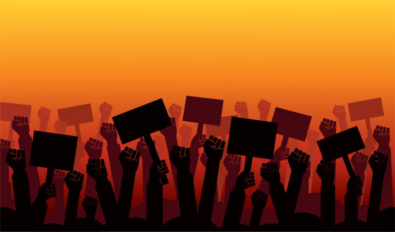 Group of fists raised in air Group of protestors fists raised up in the air vector illustration
