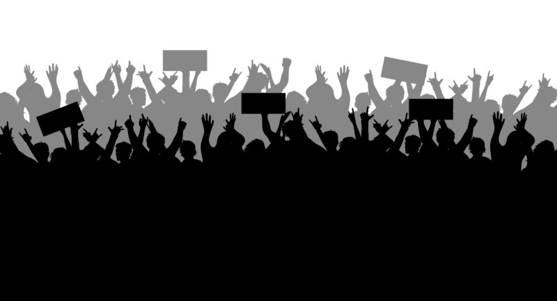 Concept of protest and strike demonstration and revolution Silhouettes of crowds of people with banners in hand Political and human rights protests Political demonstrations Vector